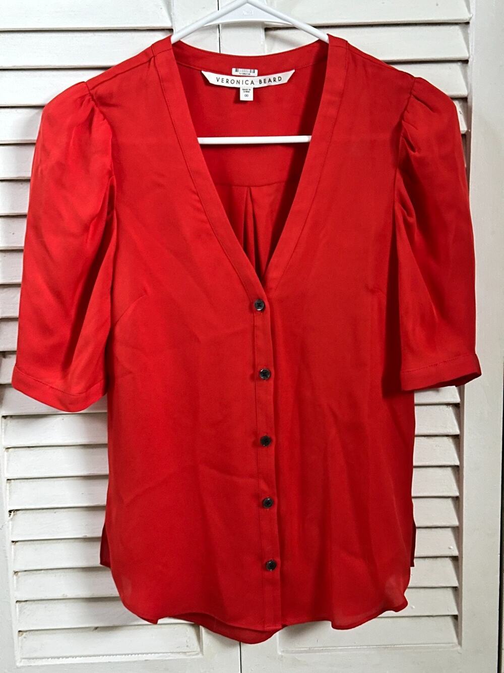 Veronica Beard Garland 100% Silk Puff Short Sleeve V-Neck Blouse Red Holiday 00